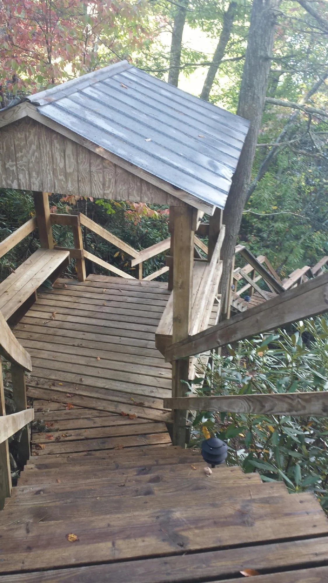 Metal roofed shelter over wooden steps on a wooded walkway — Skylight Repair & Installation work by our crew in Bonners Ferry